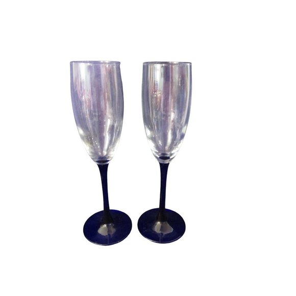 Cristal D'Arques Neptune Champagne Glass A Pair Cobalt Blue Stem Retired EUC - Picture 2 of 12